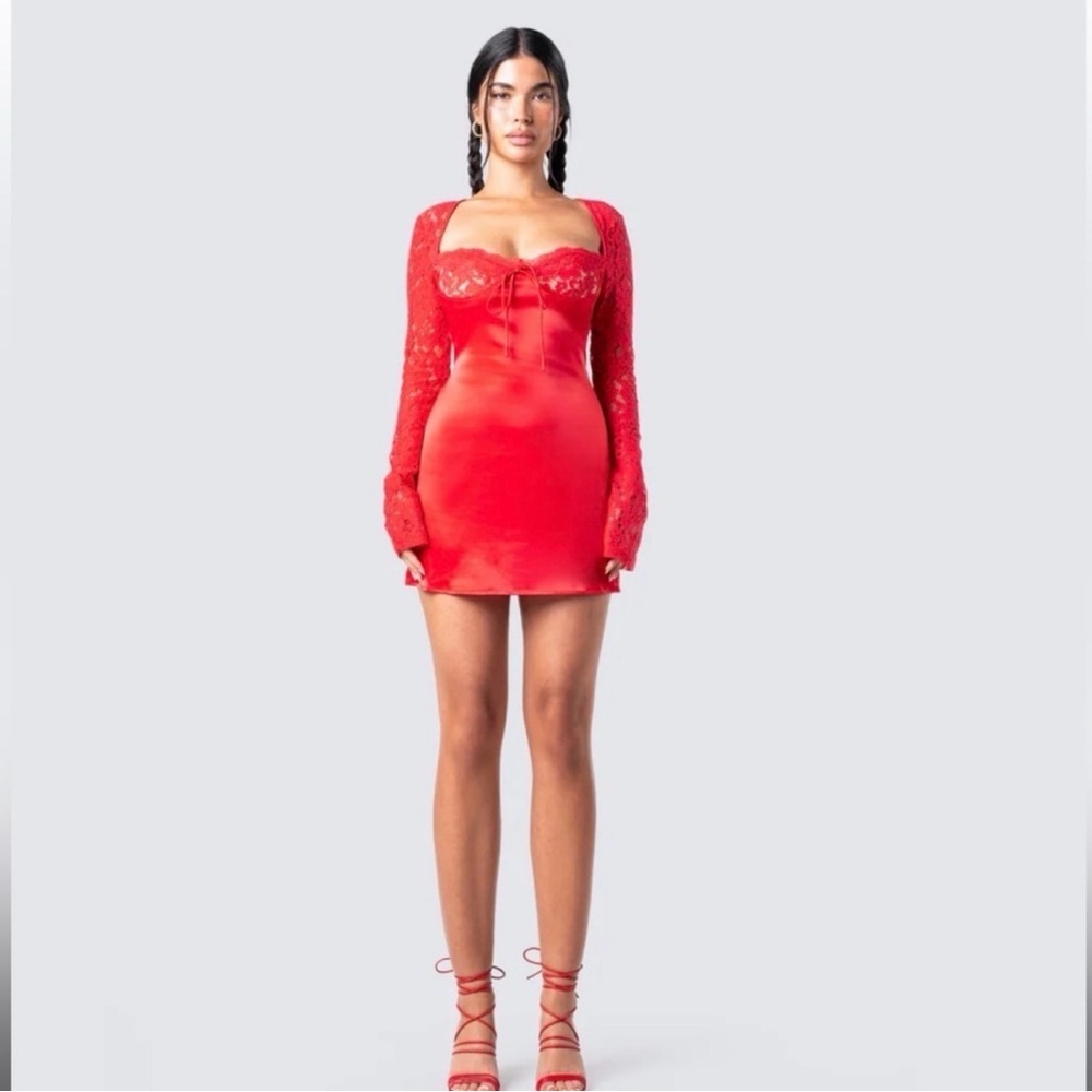 Finesse Red Satin Lace Sleeve Dress